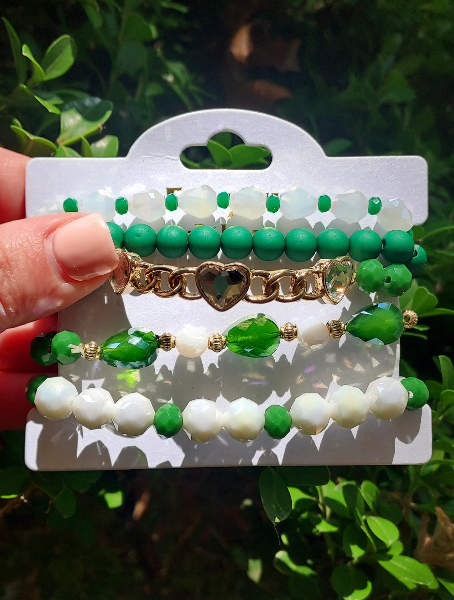 Green beaded stacked bracelets