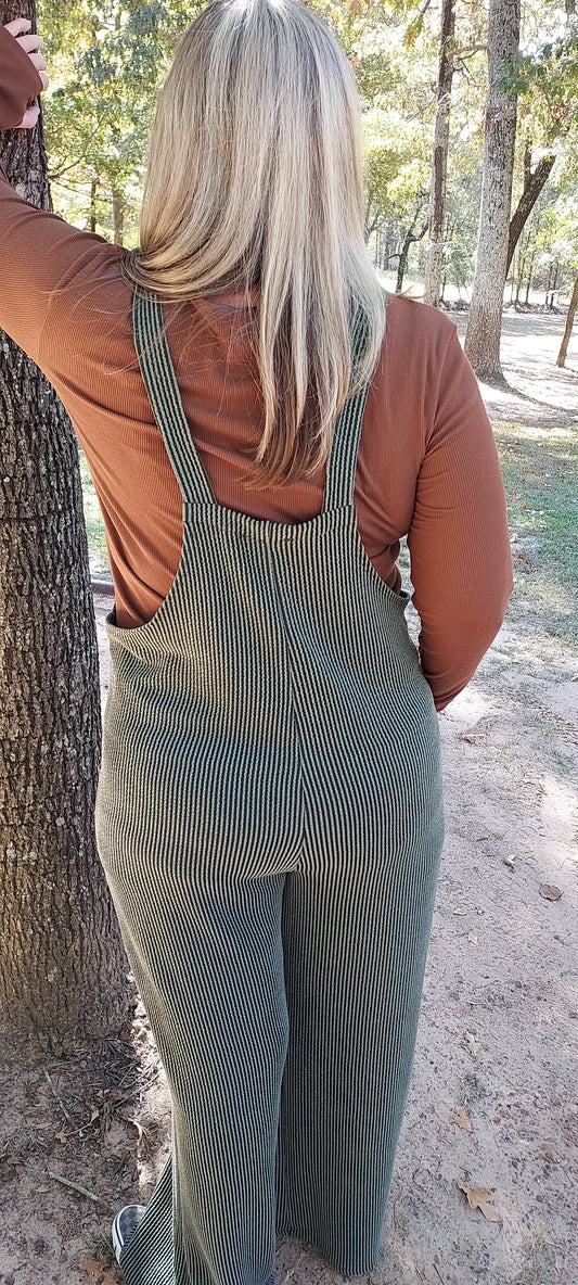Olive Ribbed Overalls