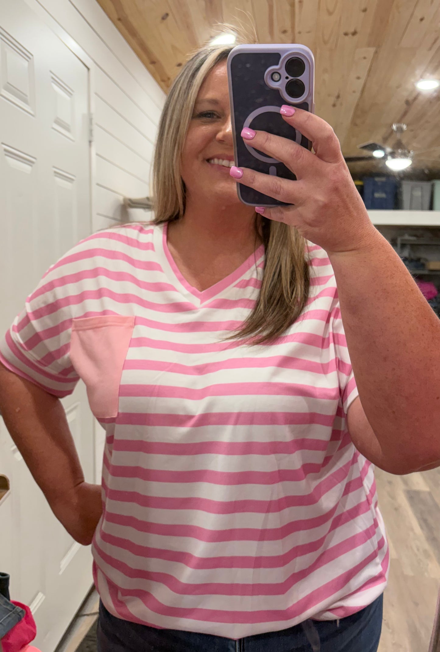 Pink striped pocket tee