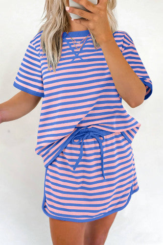 Blue striped short sleeve top and skirt set