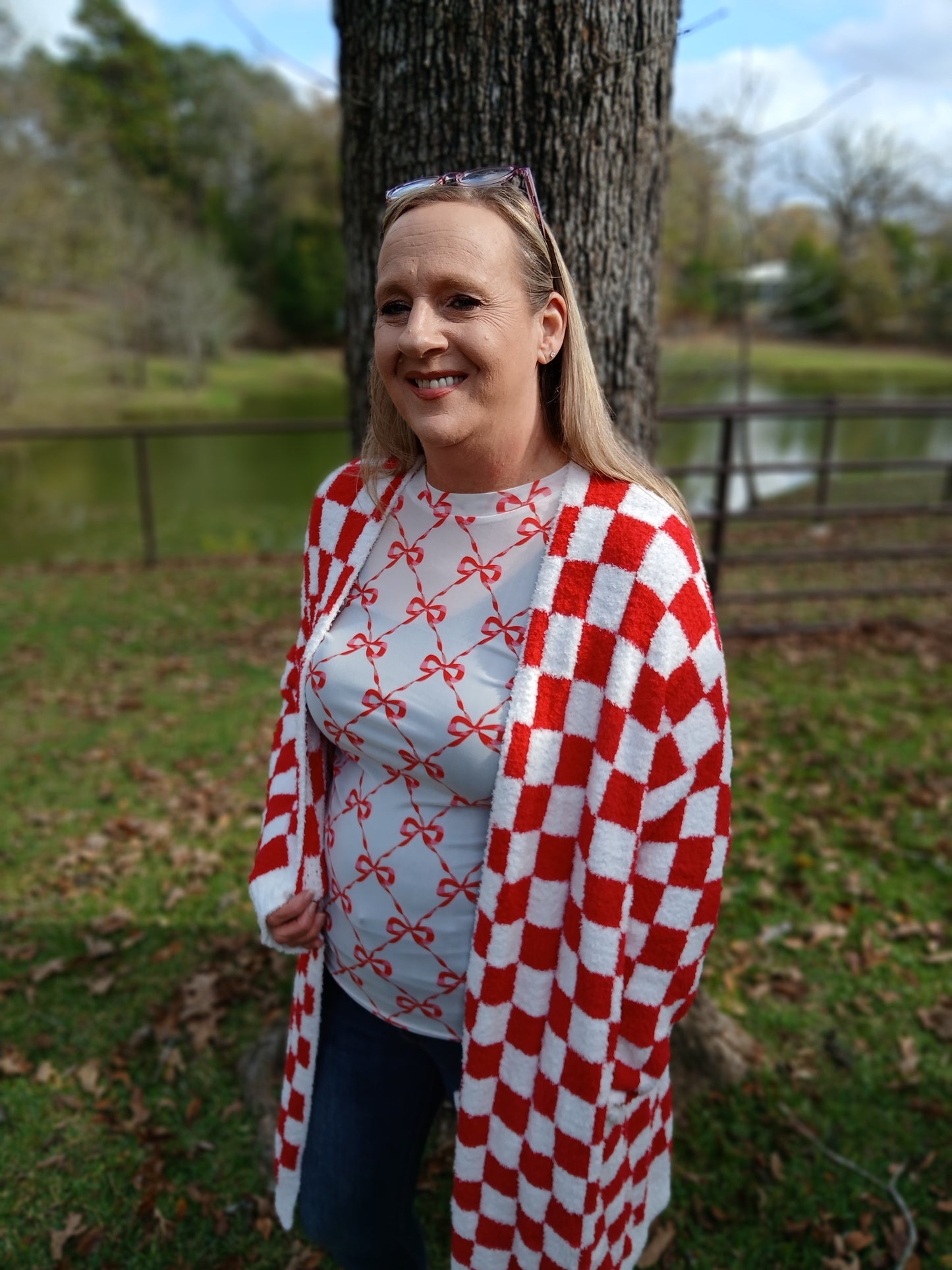 Red checkered cardigan