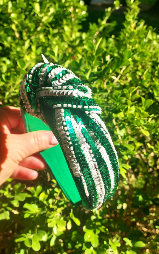 Green and White sequin headband