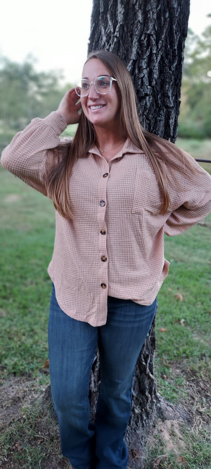 Waffle knit button-up