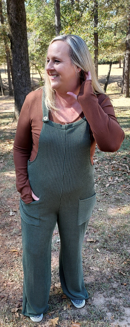 Olived Ribbed Overalls