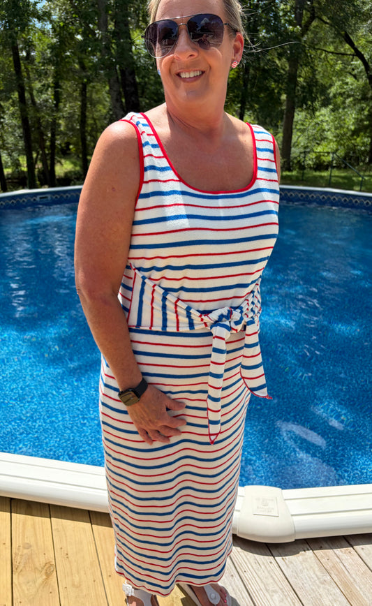 White birch red white and blue terry cloth dress