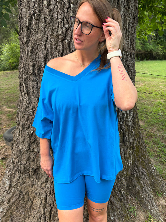 Zenana v-neck short set (blue)