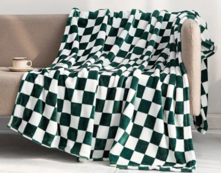 Green and White Checkered Fleece Throw