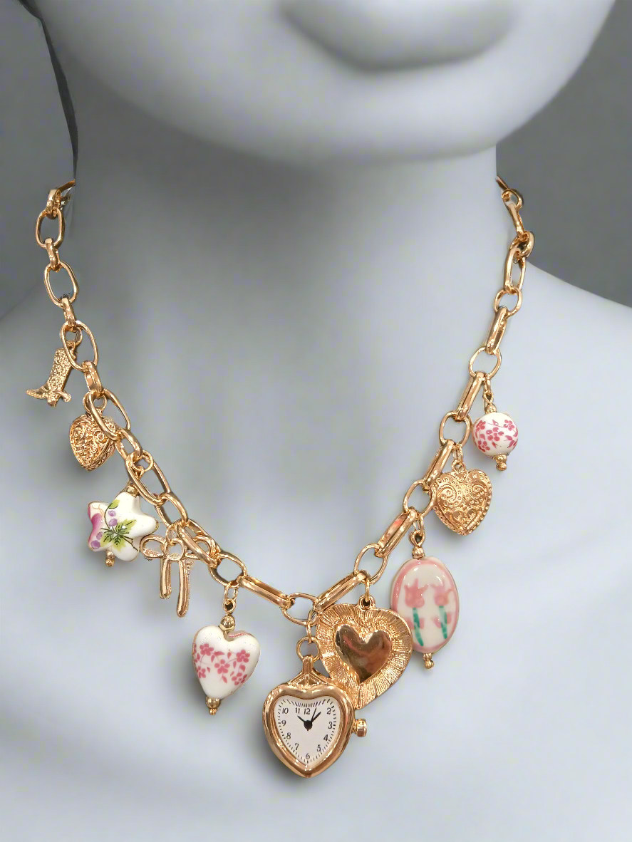 Boho pink clock necklace