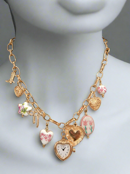 Boho pink clock necklace