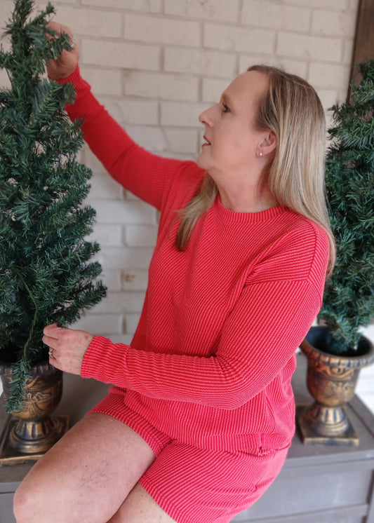 Red ribbed long sleeve short set