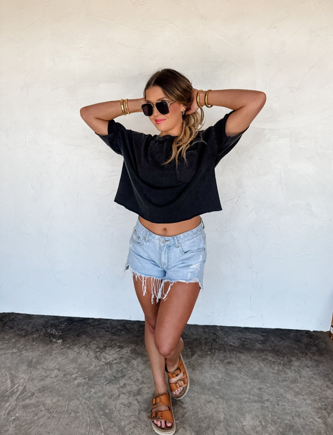 Raw hem cropped top with pocket
