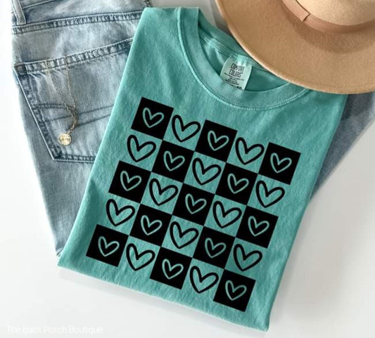 Teal checkered hearts