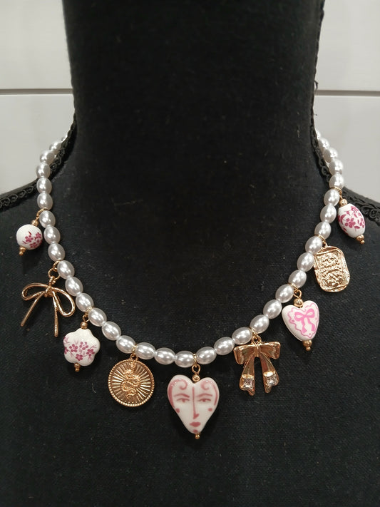 Boho pink and pearl necklace