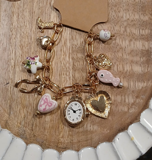 Pink clock charm bracelet