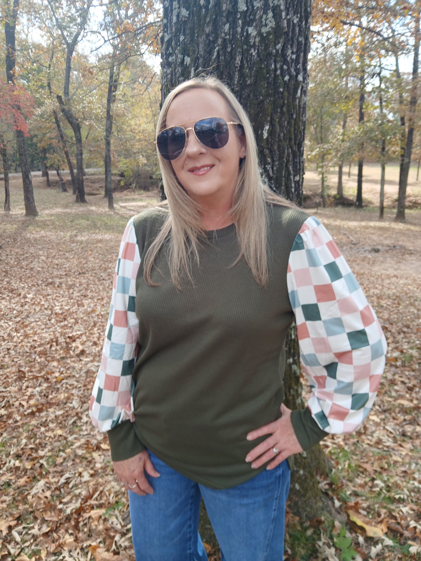 Waffle green checkered sleeve top